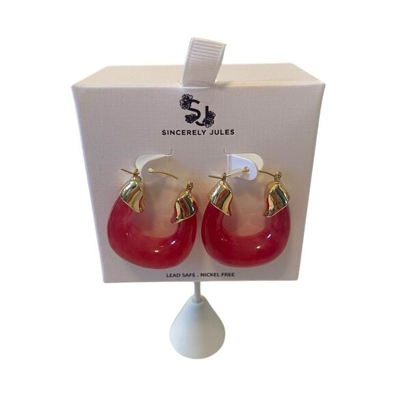Sincerely Jules Hot Pink Semi-Translucent Hoop Earrings w/Gold Hardware. - Picture 1 of 7